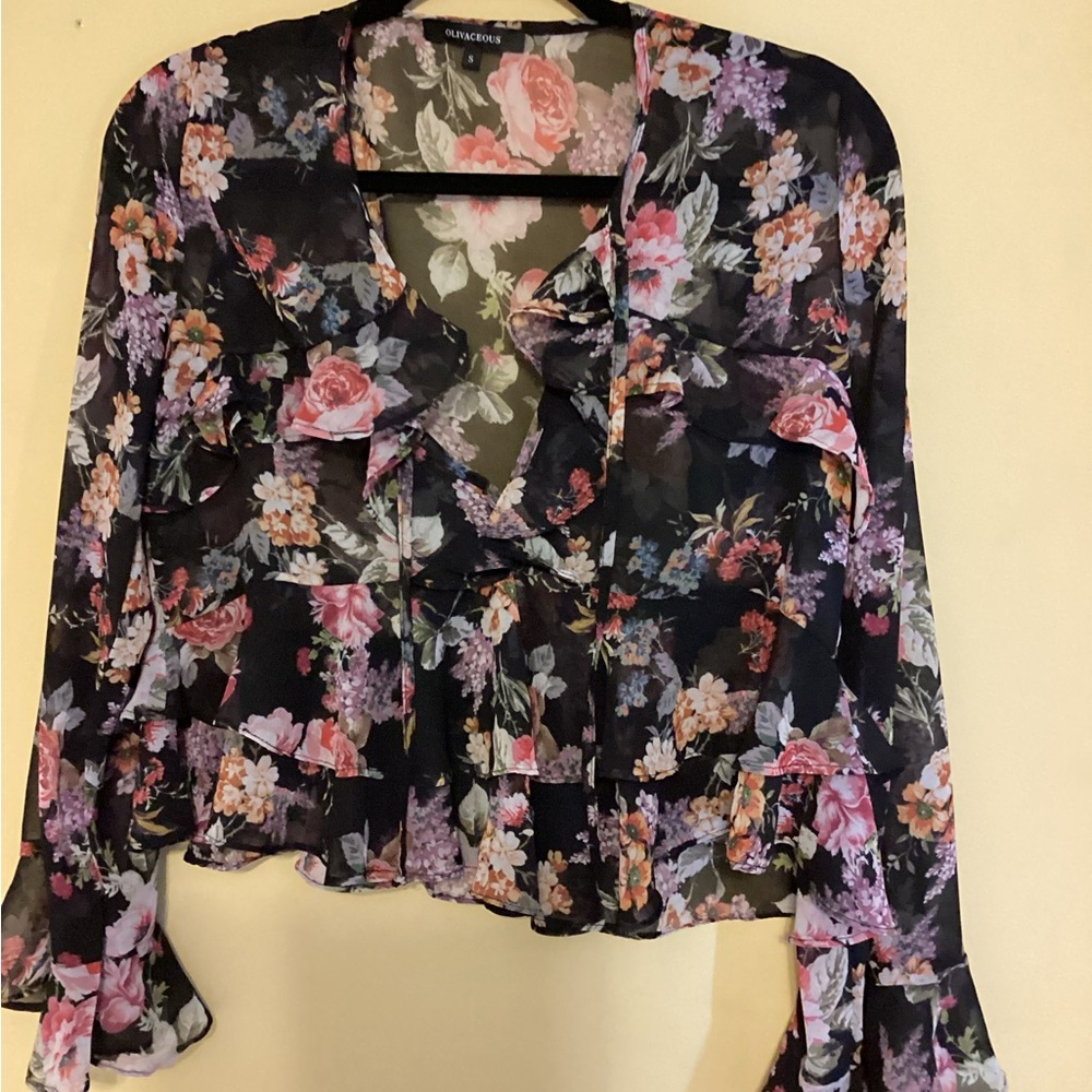 Olivaceous Sheer Ruffle Peplum Top size s
